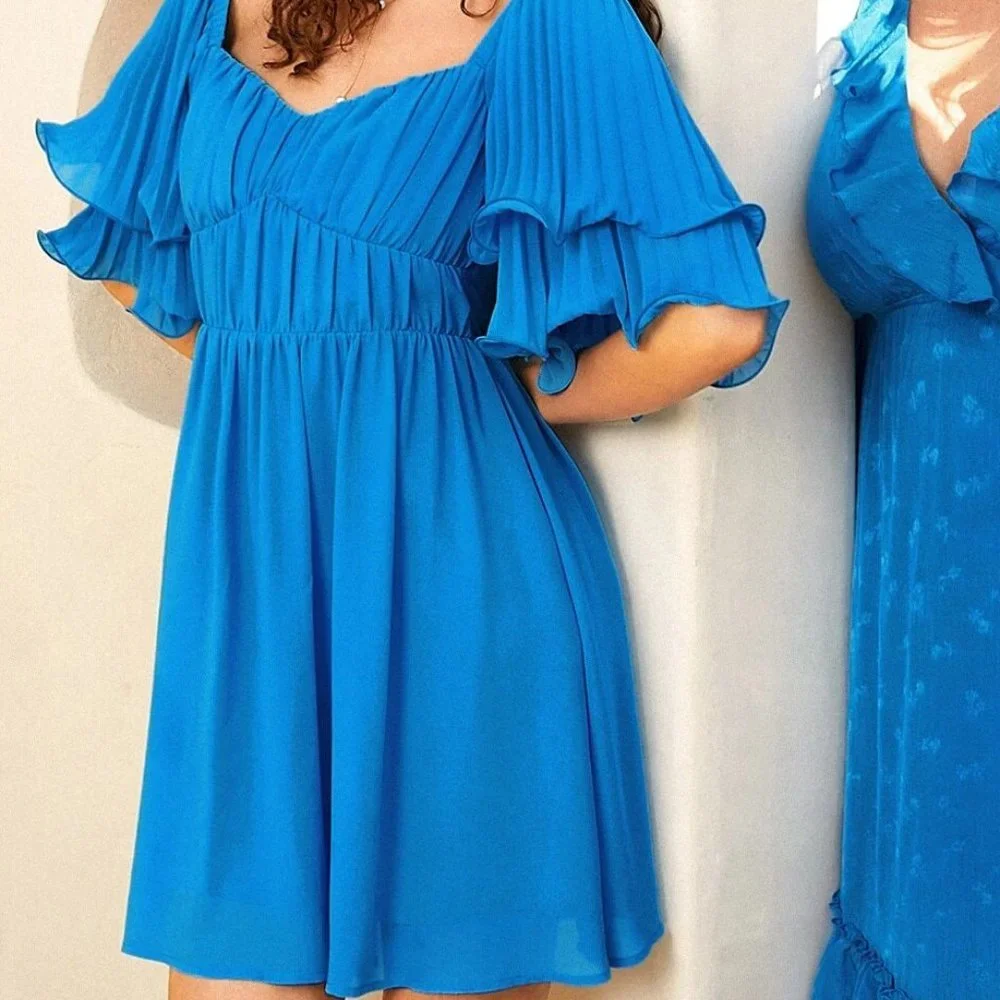 Blue Sweetheart Neck Flounce Sleeve Ruched Bust Dress - Picture 4 of 5
